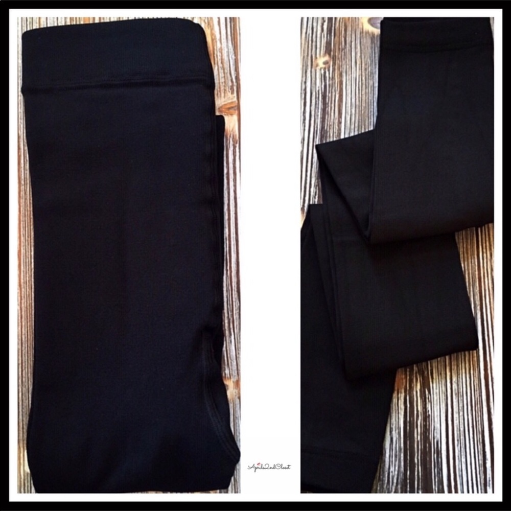 BLACK FLEECE LINED LEGGINGS FOOTLESS TIGHTS - Picture 3 of 8